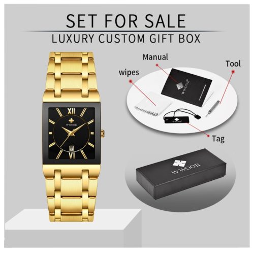 WWOOR Gold Watch for Men Square Quartz Stainless Steel Waterproof Wrist Watch - Image 6
