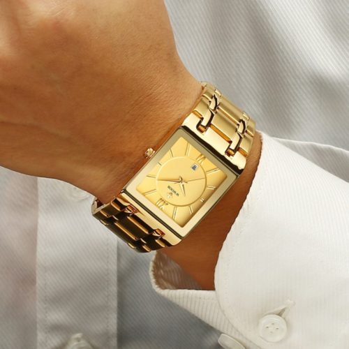 WWOOR Gold Watch for Men Square Quartz Stainless Steel Waterproof Wrist Watch