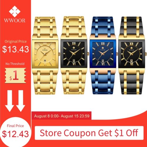 WWOOR Gold Watch for Men Square Quartz Stainless Steel Waterproof Wrist Watch - Image 2